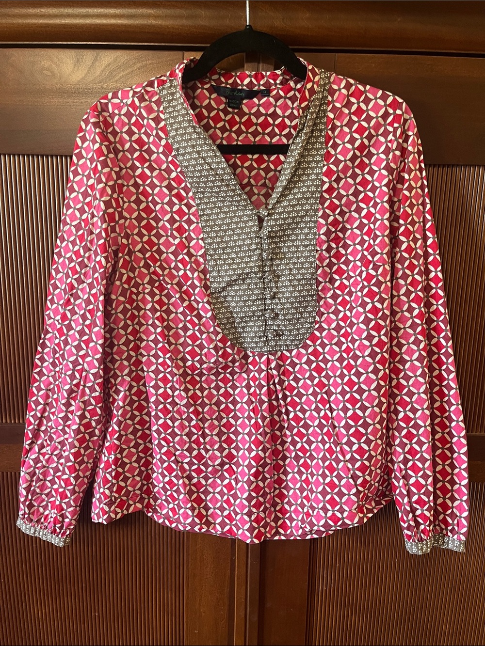 Boden Pink Geometric Long-Sleeve Blouse with Printed Placket